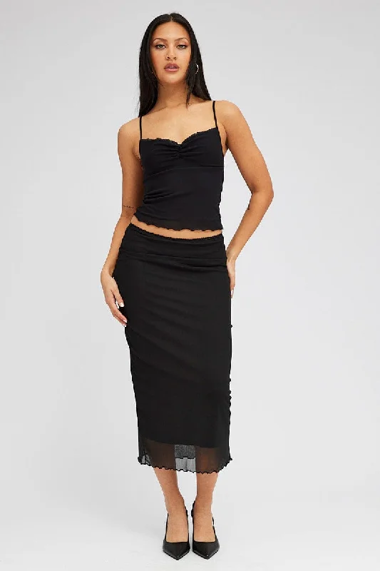 Black Midi Skirt High Rise Mesh