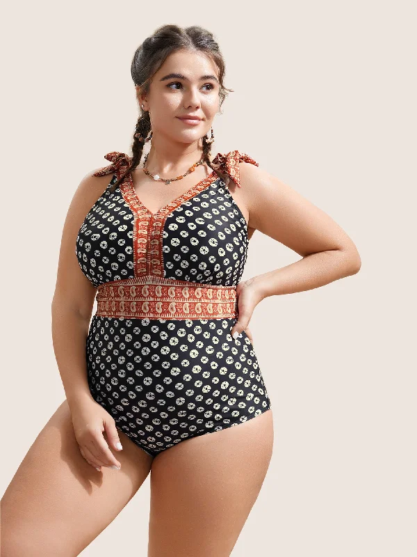 Bandana Print Two Tone Knotted One Piece Swimsuit