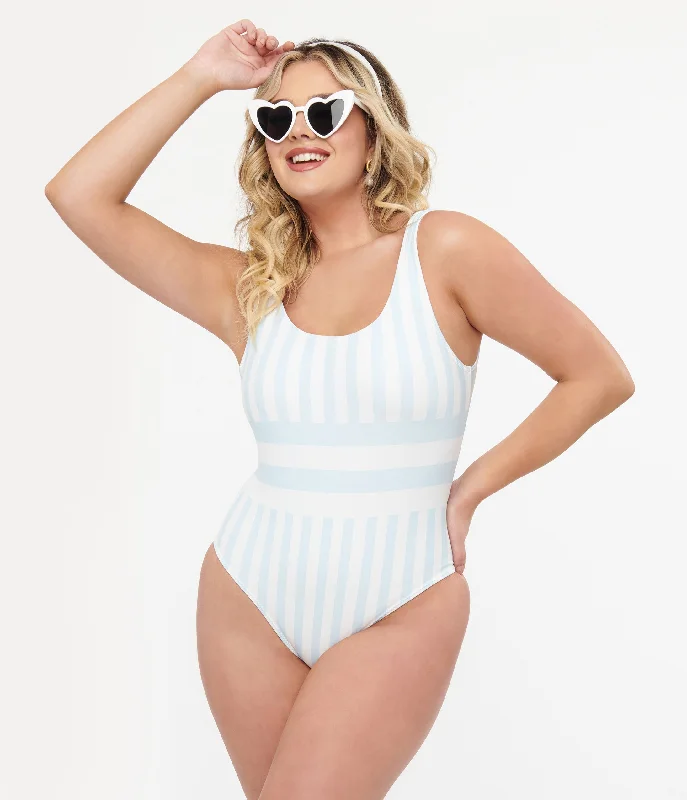 Light Blue & White Stripe One Piece Swimsuit