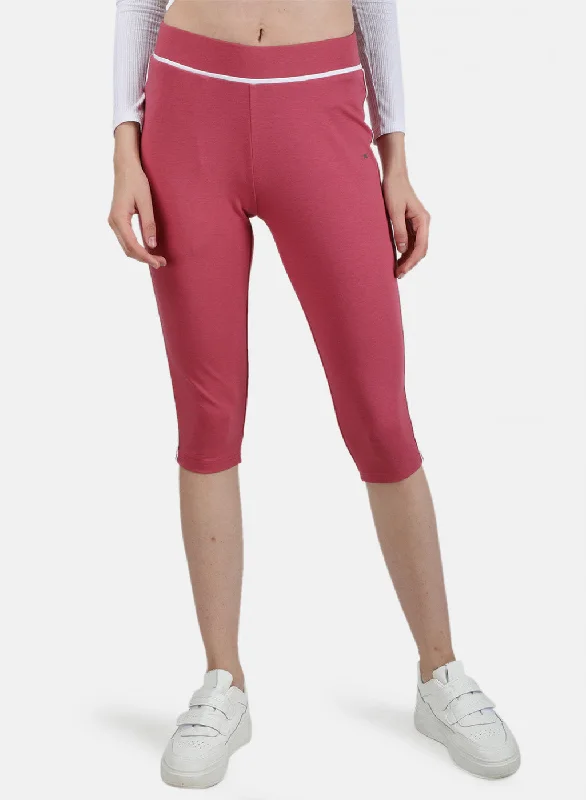 Womens Dark Pink & White Plain Capri