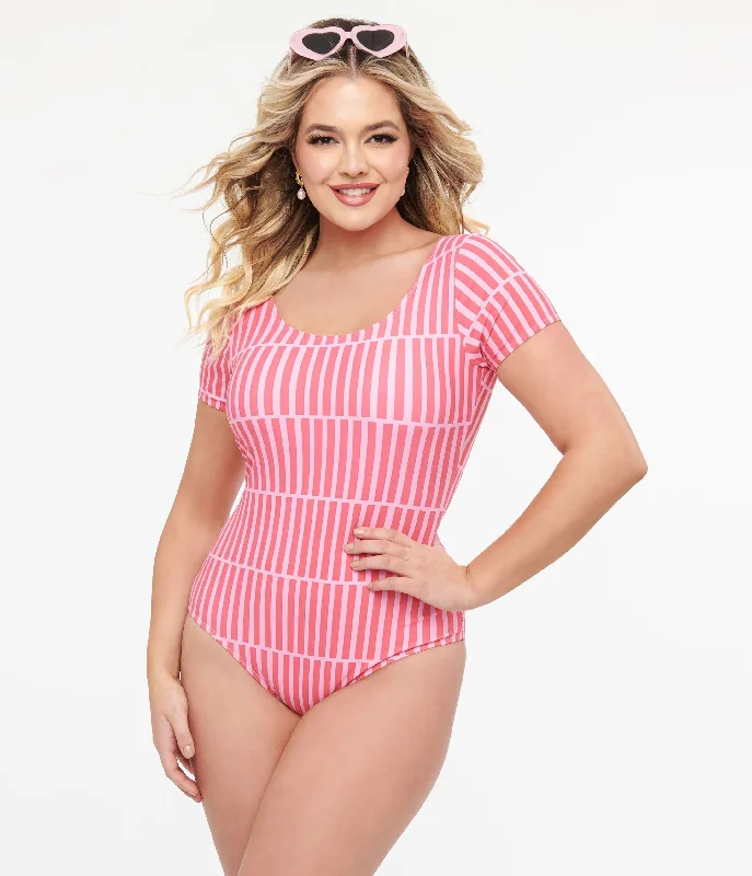 Pink Stripe Sleeved One Piece Swimsuit