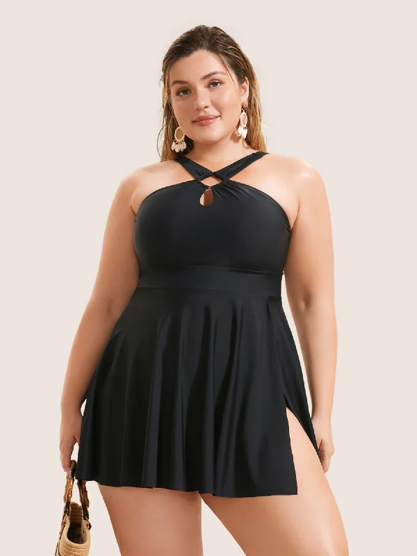 Plain Cut Out Split Side Swim Dress