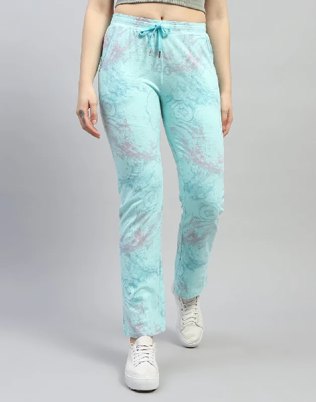 Women Aqua Blue Printed Regular Fit Lower