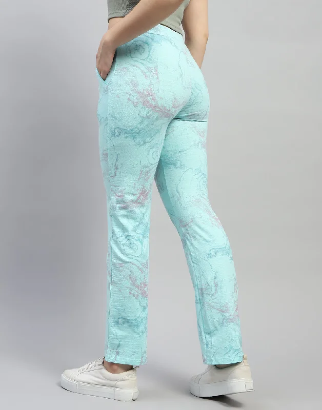 Women Aqua Blue Printed Regular Fit Lower