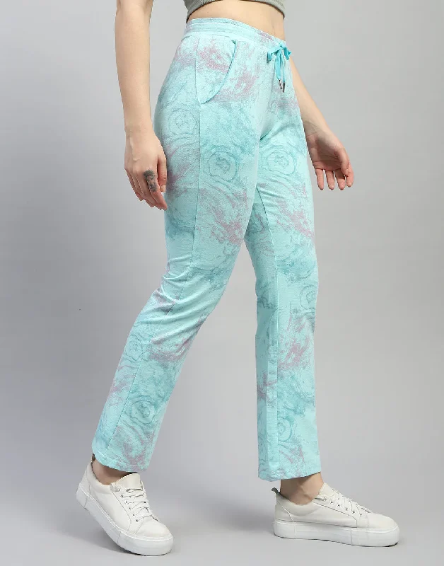 Women Aqua Blue Printed Regular Fit Lower