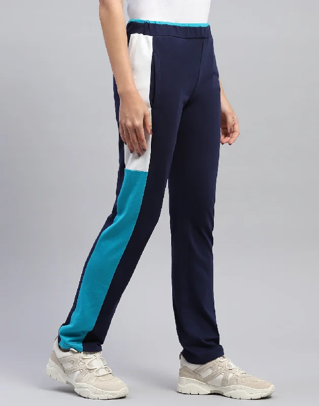 Women Navy Blue Colourblocked Regular Fit Lower