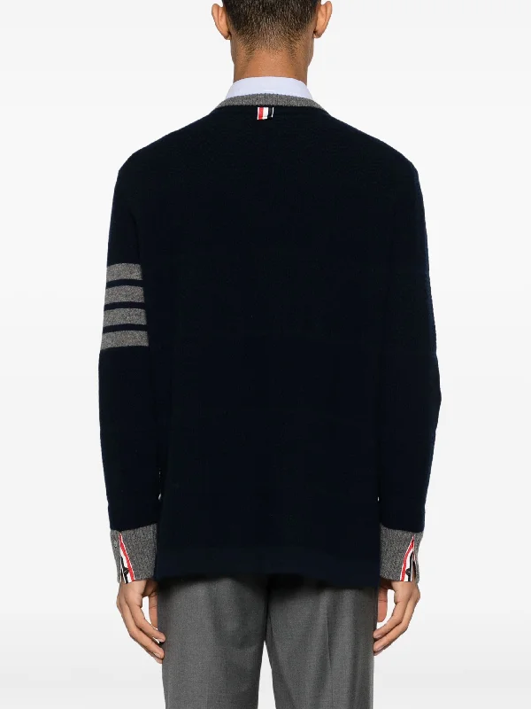 THOM BROWNE Men Textured Rugby Stripe Crew Neck Pullover